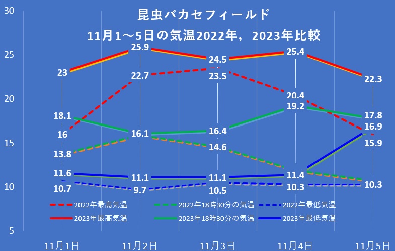 昆虫バカセフィールド11月1日～5日の気温 2022年と2023年の比較